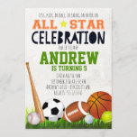 All Star Sports Birthday Invitation<br><div class="desc">A sports birthday invitation featuring a field of grass with a baseball and baseball bat,  soccer ball,  basketball,  football,  golf ball,  and tennis ball. Perfect for your little all star sports fan's birthday.</div>