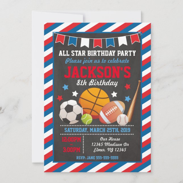 All Star Sports Birthday Invitation for Boys (Front)