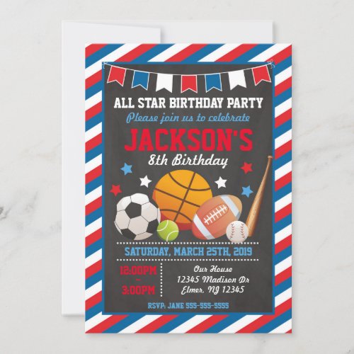 All Star Sports Birthday Invitation for Boys