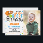 All-Star Sports Birthday Invitation with photo<br><div class="desc">Score big with this All-Star Sports Birthday Invitation! Perfect for little athletes and sports lovers, this customizable design features bold colors and playful elements from soccer, basketball, football, and baseball. Easily personalize with your child’s name, age, party details, and photo to create a memorable invite for an action-packed celebration. Great...</div>