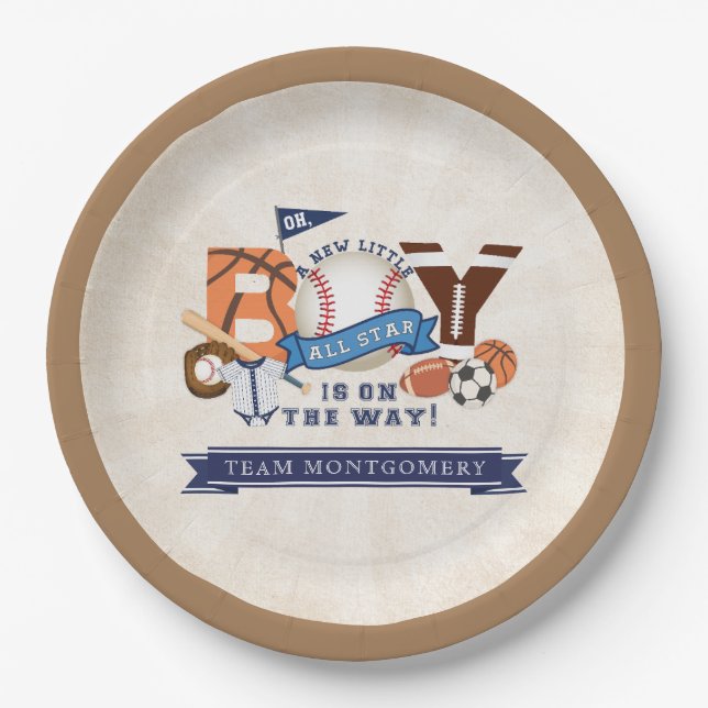 All Star Sports Boy Baby Shower Paper Plates (Front)