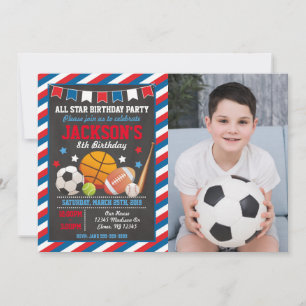 All Star Sports Game Time Birthday Photo Invitation