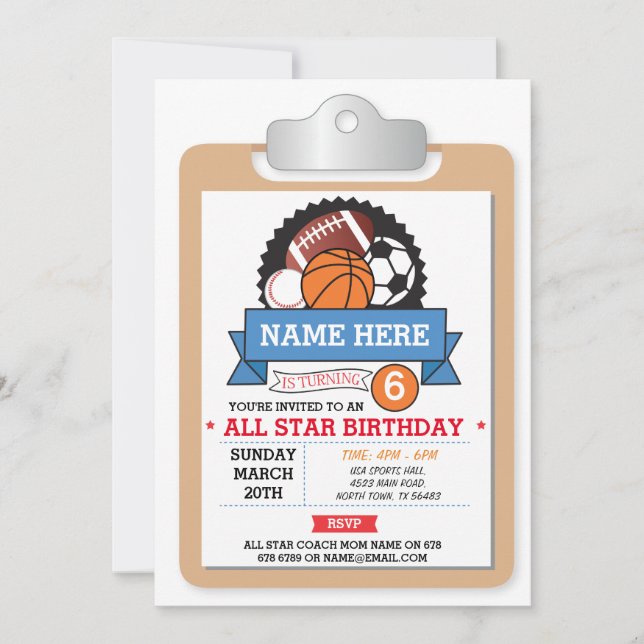All Star Sports Party Basketball Birthday Invite (Front)