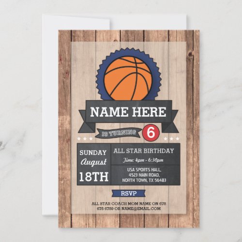 All Star Sports Party BasketBall Birthday Invite