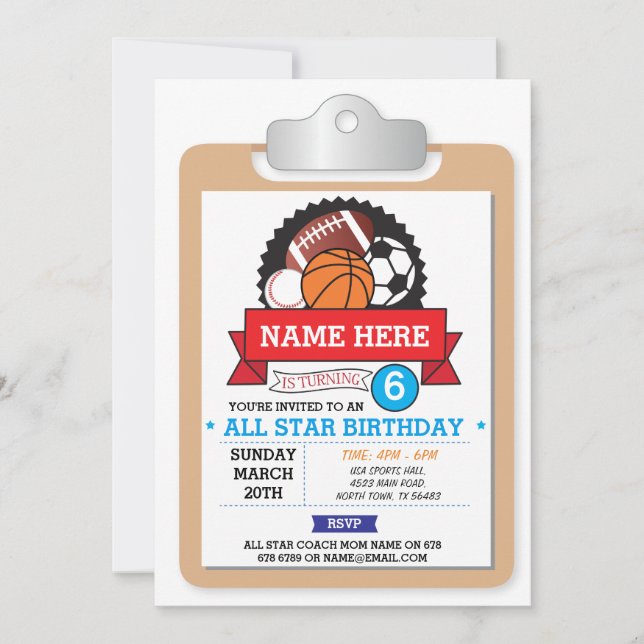 All Star Sports Party Football USA Birthday Invite (Front)