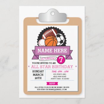 All Star Sports Party Pink Girls Birthday Invite by WOWWOWMEOW at Zazzle