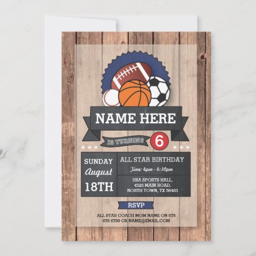 All Star Sports Soccer Rugby BasketBall Birthday Invitation
