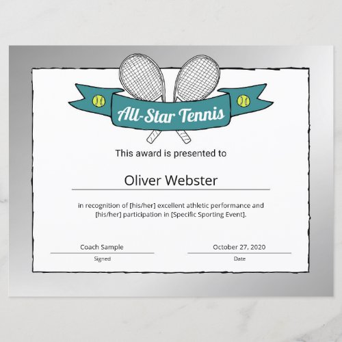 All_Star Tennis Player Award Tennis Certificate