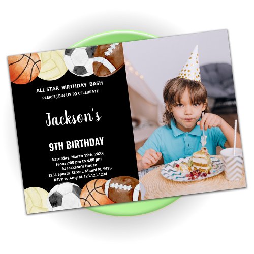 All Stars Birthday Sports Birthday with photo Invitation