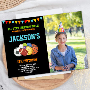 All Stars Black Sports Party Birthday with photo Invitation