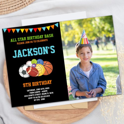 All Stars Black Sports Party Birthday with photo Invitation