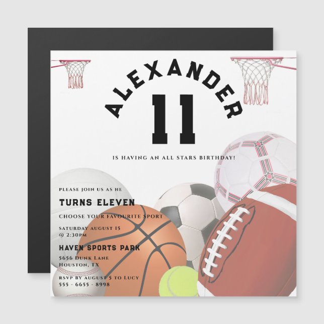 All Stars Kids Birthday Party Magnetic Invitation (Front/Back)