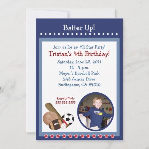 ALL STARS SPORTS FAN 5x7 Birthday Invitation