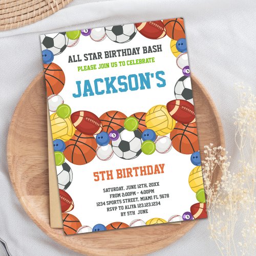 All Stars White Sports Party Birthday Invitations