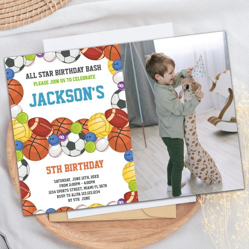 All Stars White Sports Party Birthday with photo Invitation