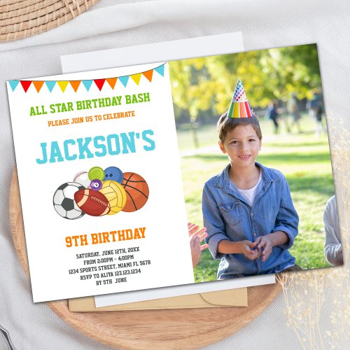 All Stars White Sports Party Birthday with photo Invitation