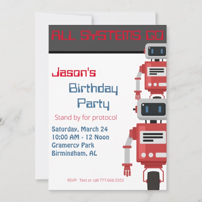 All Systems Go Robot Birthday Invitation (Front)