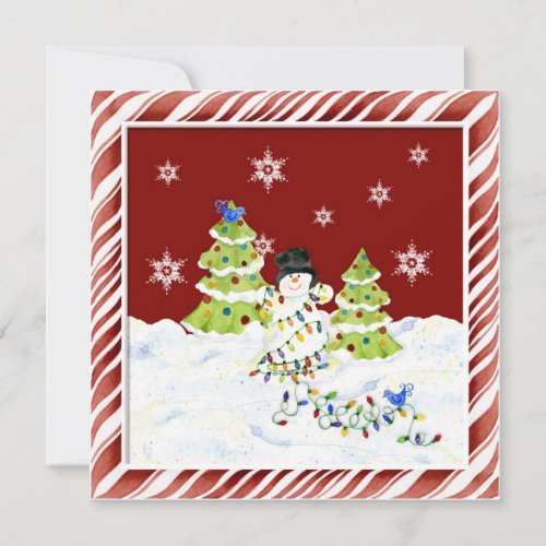 All tangled up Snowman with Christmas Tree Lights Holiday Card