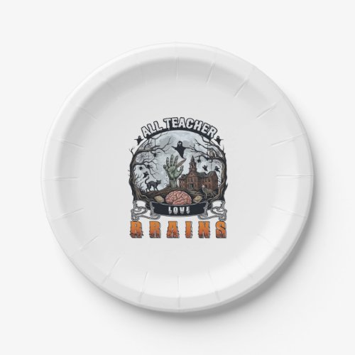 All Teacher Love Brains Halloween Zombie Hand Haun Paper Plates