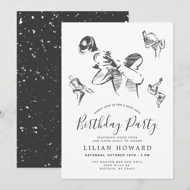 All That Jazz-Themed Birthday Party B/W Invitation (Front/Back)