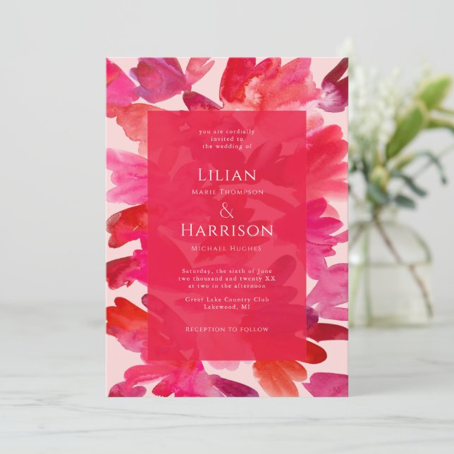 All the Love Watercolor Pink Red Wedding Invitation (Standing Front)