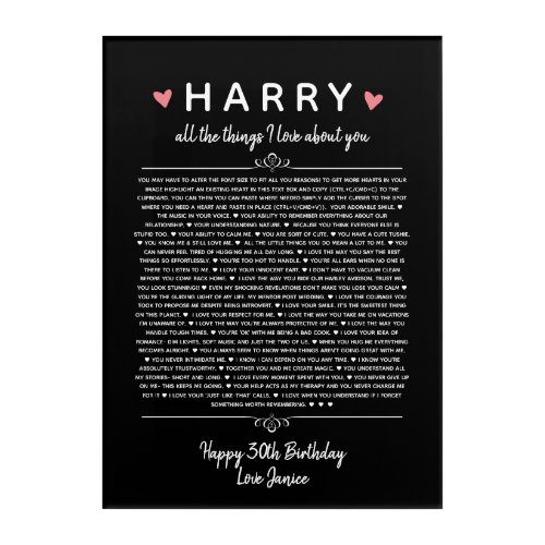 all the things I love about you anniversary birth Acrylic Print