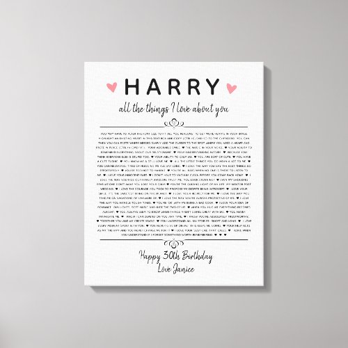 all the things I love about you anniversary birth Canvas Print