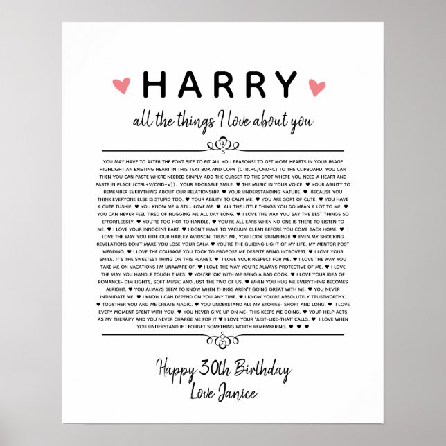 all the things I love about you anniversary birth Poster (Front)