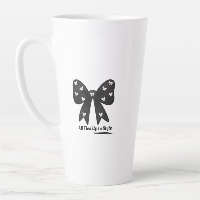 All Tied Up In Style Latte mug– Elegant Black Bow  Mug (Left)