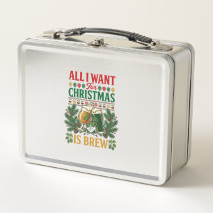 All Want Christmas Brew Beer Glasses Pine Hops Metal Lunch Box