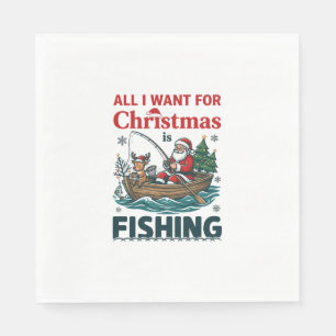 All Want Christmas Is Fishing Santa Reindeer Boat Napkins