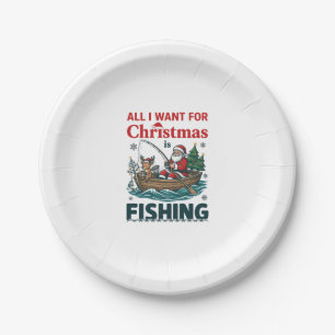 All Want Christmas Is Fishing Santa Reindeer Boat Paper Plates