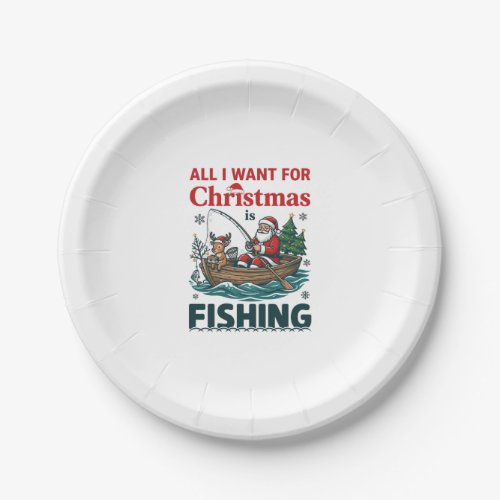All Want Christmas Is Fishing Santa Reindeer Boat Paper Plates