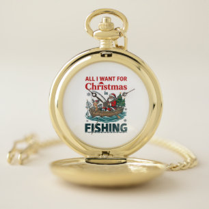 All Want Christmas Is Fishing Santa Reindeer Boat Pocket Watch
