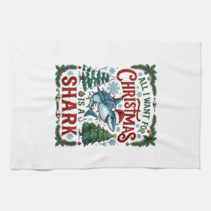 All Want Christmas Shark Pine Trees Kitchen Towel
