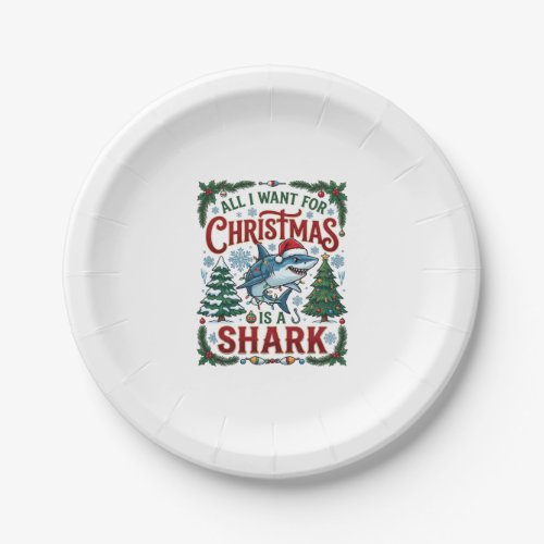 All Want Christmas Shark Pine Trees Paper Plates