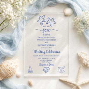 All We Sea is Love Hand Drawn Sea Life Wedding Acrylic Invitations