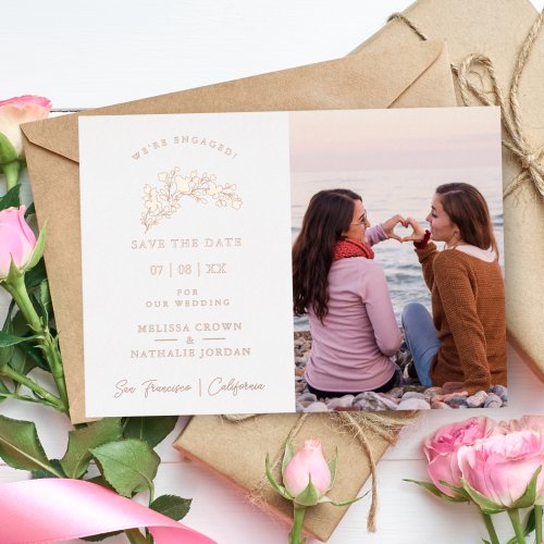 All Wedding LGBT Rose Gold Effect Branches Photo Foil Invitation