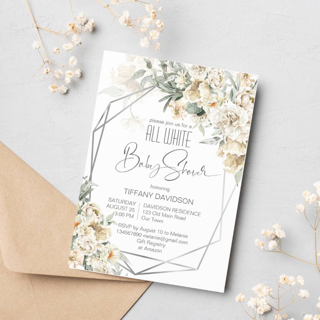All white baby shower silver frame floral invitation (All white baby shower invitation white flowers silver geometrical frame silver sage white themed)