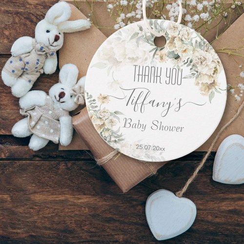 All white baby shower silver white floral thankyou favor tags