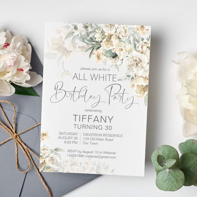 All white birthday party silver white floral invitation (All white birthday party invitation template silver sage white flowers invitation)
