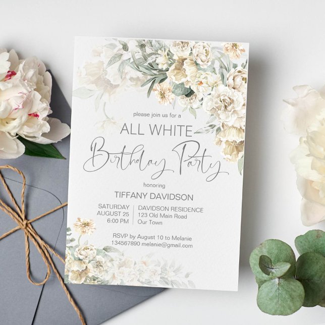All white birthday party silver white floral invitation (All white birthday party floral invitation template silver sage white flowers invite)