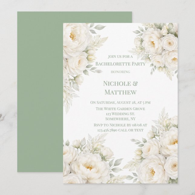 All White Floral Bachelorette Party Invitation (Front/Back)