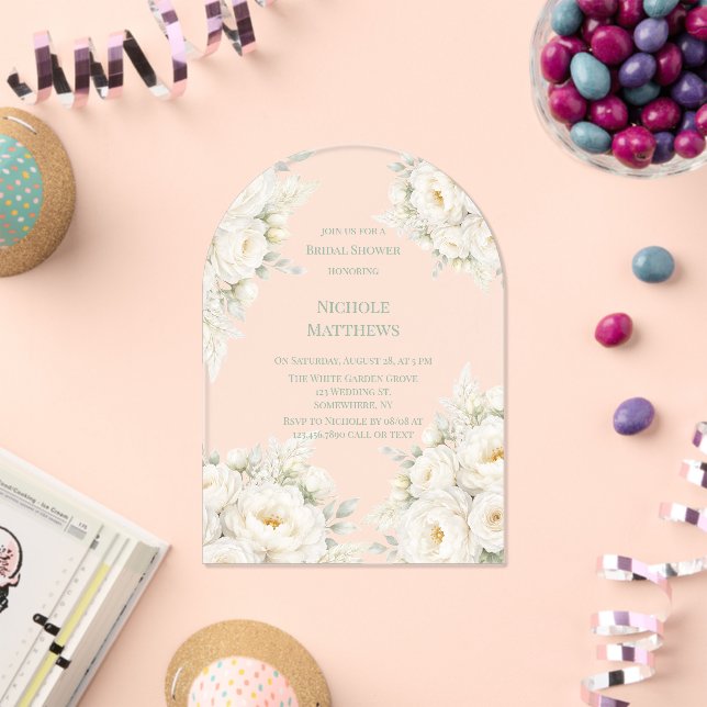 All White Floral Bridal Shower Acrylic Invitations (Insitu (Celebration))