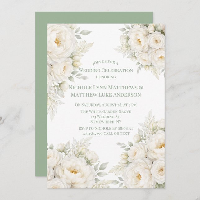 All White Floral Wedding Celebration Invitation (Front/Back)