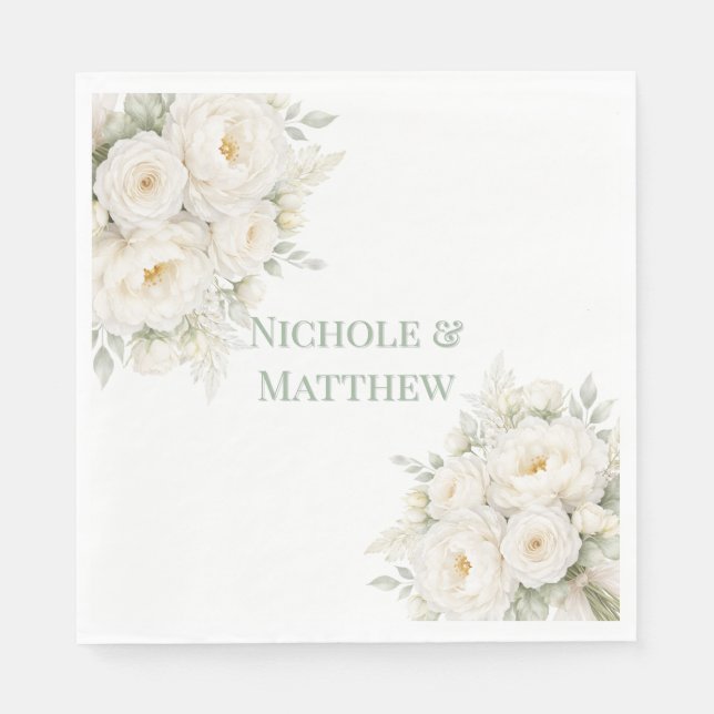 All White Floral Wedding Napkins (Front)
