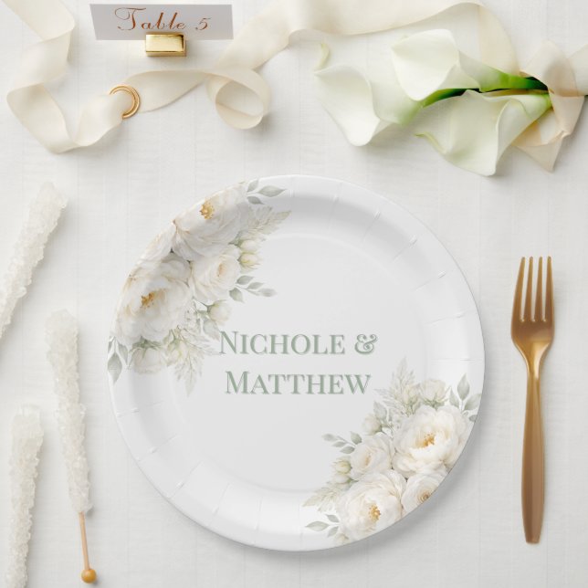 All White Floral Wedding Paper Plates (Wedding)