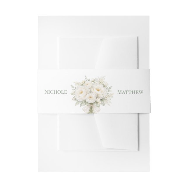 All White Florals Wedding Invitation Belly Band (Front Example)