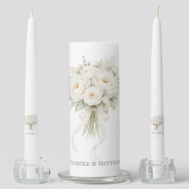 All White Florals Wedding Unity Candle Set (Front)