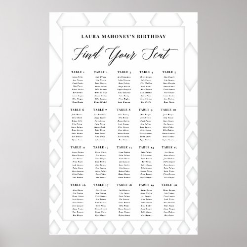 All White Party Birthday Seating Chart Sign